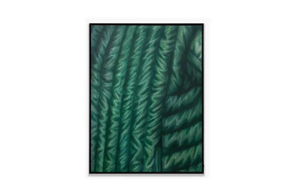 A painting by artist Devin Farrand depicting a puff jacket (green).