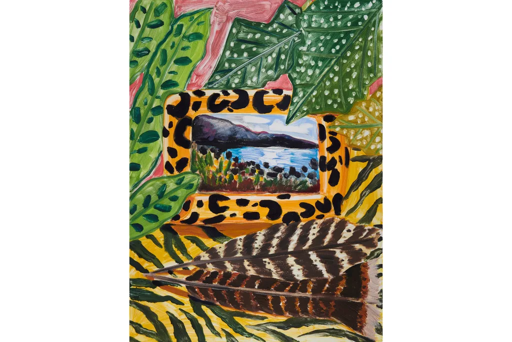 A painting by artist Anna Valdez of a landscape inside a leopard print frame, leaves and feathers surround it.