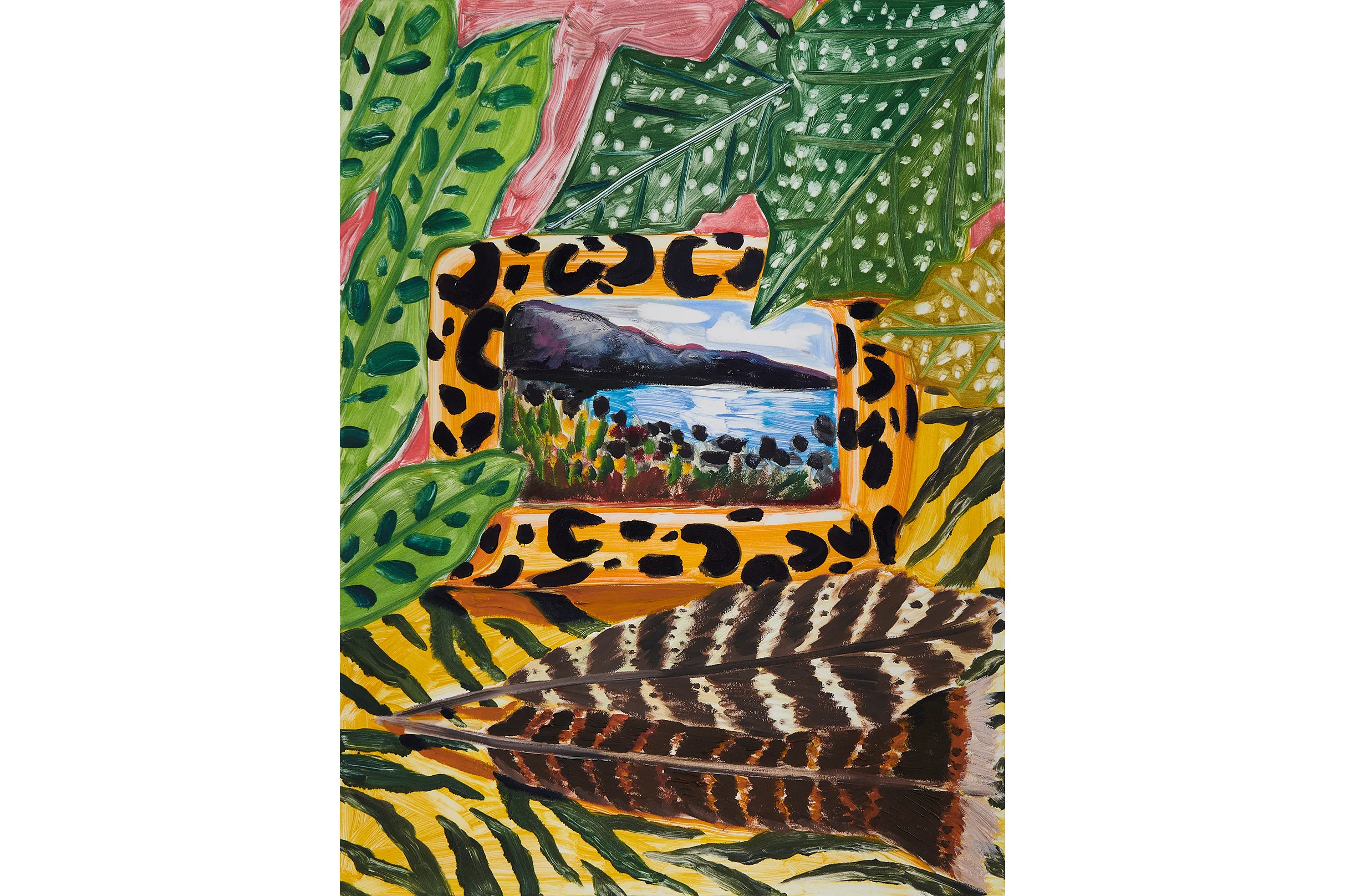 A painting by artist Anna Valdez of a landscape inside a leopard print frame, leaves and feathers surround it.