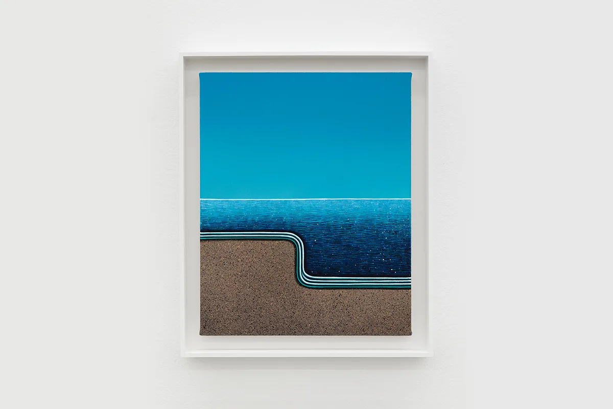 A painting by artist Matthew F Fisher of a beach with wave line in the sand.