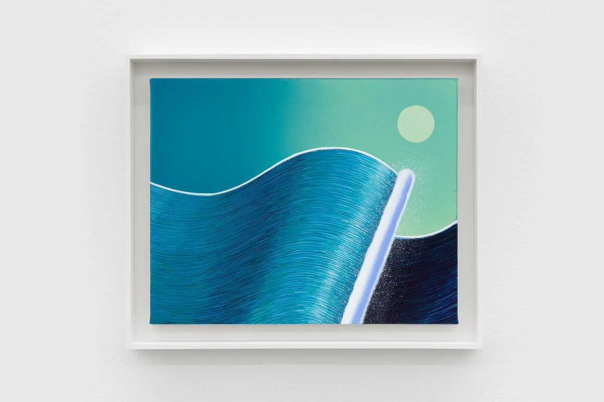 A painting by artist Matthew F Fisher of a rolling wave at sea with a sun behind it.