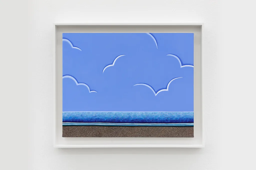 A painting by artist Matthew F Fisher of a beach with wave line in the sand. Sky and clouds in the background.