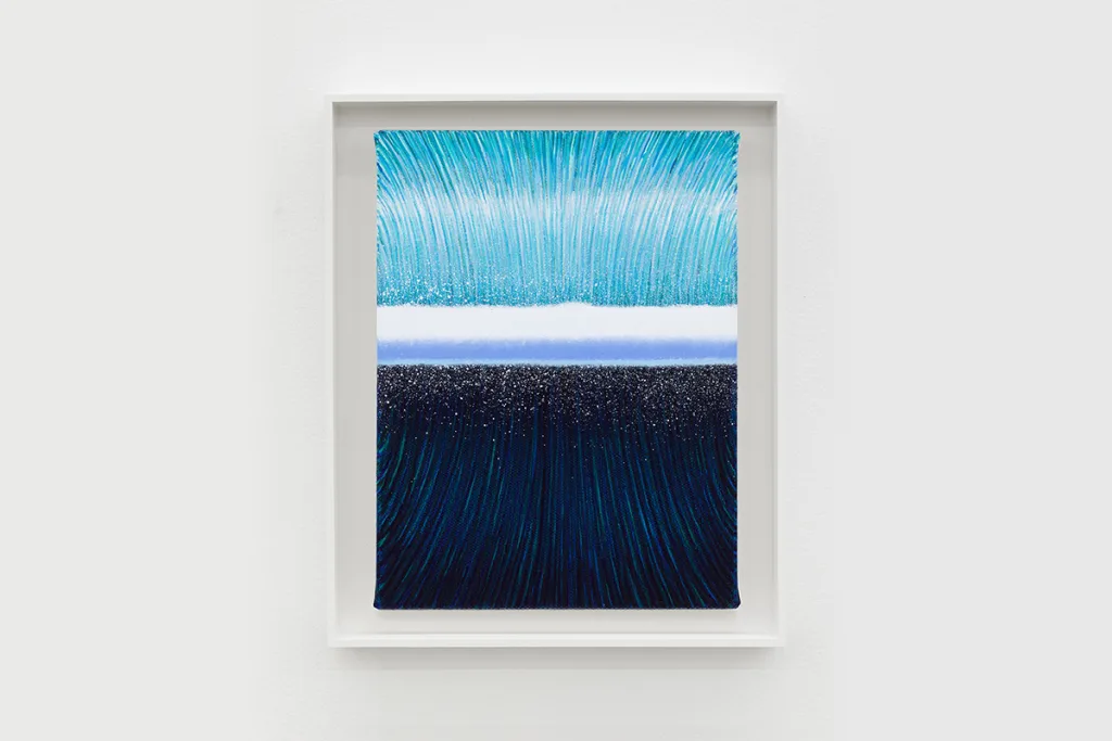 A painting by artist Matthew F Fisher depicting the inside curl of a crashing wave coming forward.