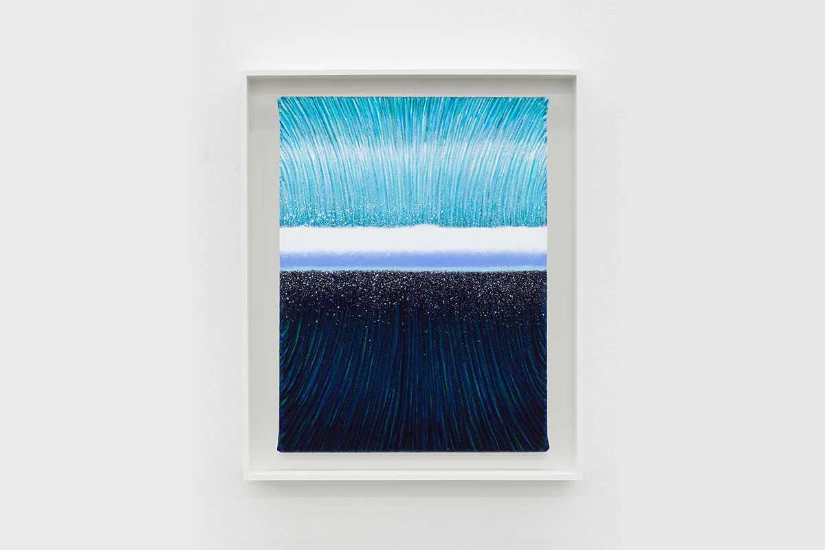 A painting by artist Matthew F Fisher depicting the inside curl of a crashing wave coming forward.