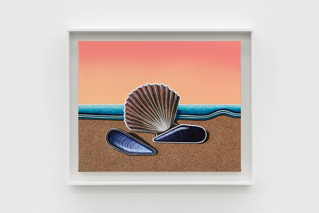 A painting by artist Matthew F Fisher of seashells on the sand in front of the ocean. Peachy orange sky in the background.