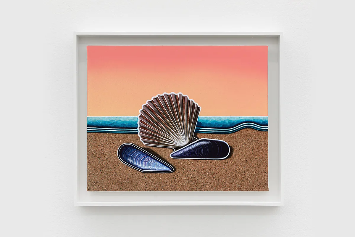 A painting by artist Matthew F Fisher of seashells on the sand in front of the ocean. Peachy orange sky in the background.