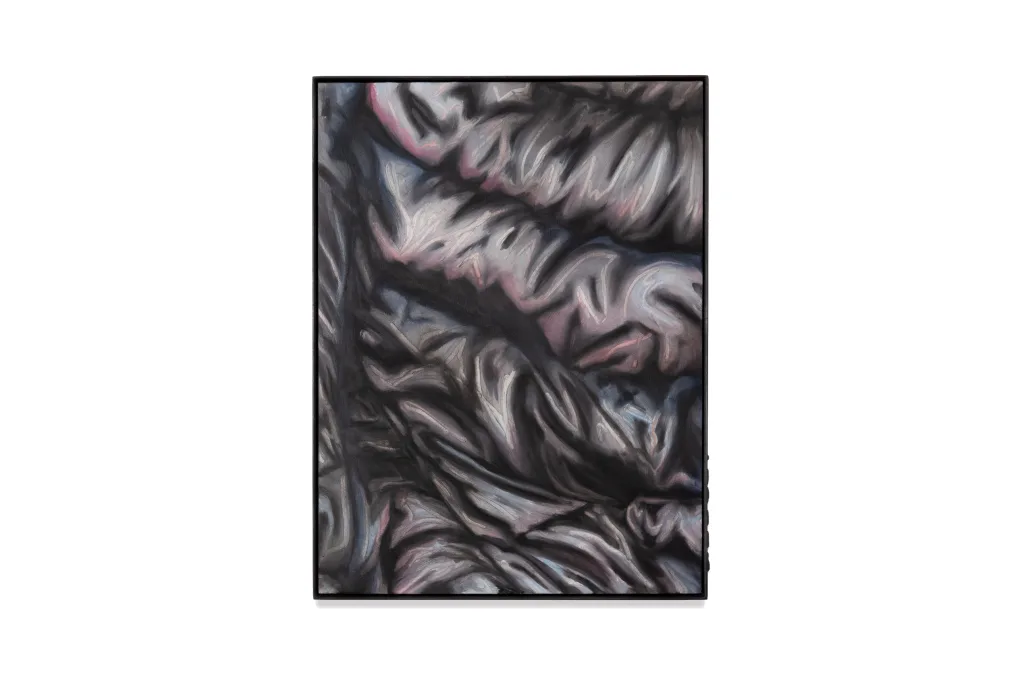 A painting by artist Devin Farrand depicting a puff jacket (black and pink).