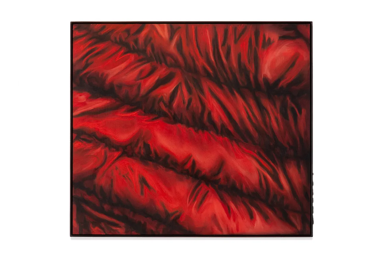 A painting by artist Devin Farrand depicting a puff jacket (red).