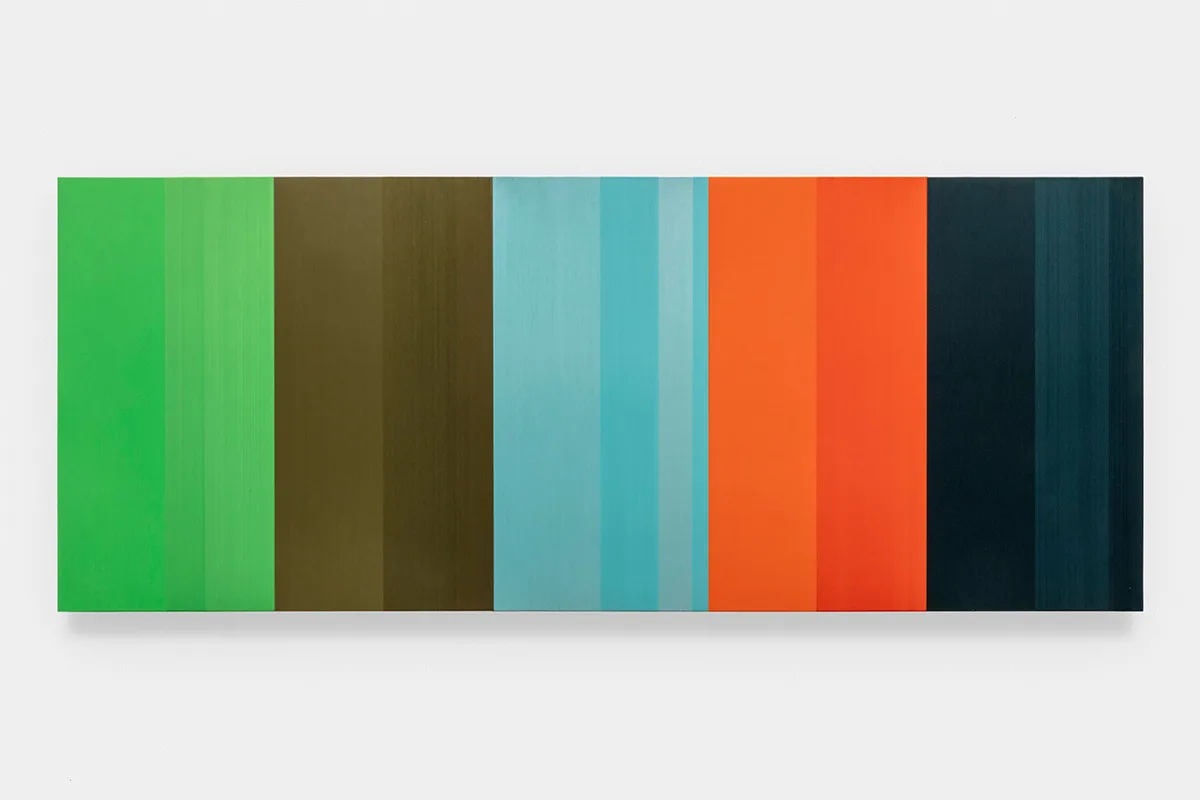 A hanging-wall sculpture by artist Brian Wills using multi-colored, Oil and single strand thread on oak