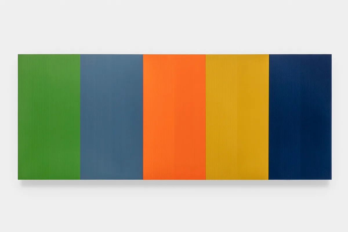 A hanging-wall sculpture by artist Brian Wills using multi-colored, Oil and single strand thread on oak