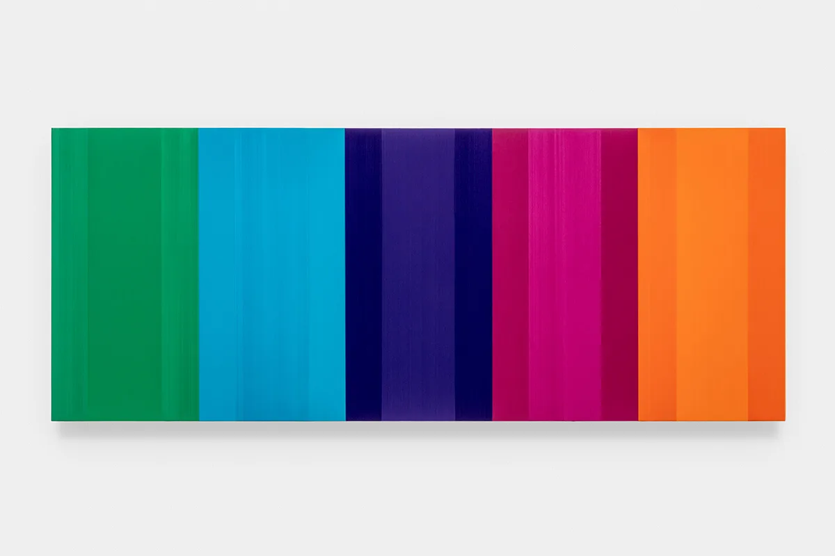 A hanging-wall sculpture by artist Brian Wills using multi-colored, Oil and single strand thread on oak