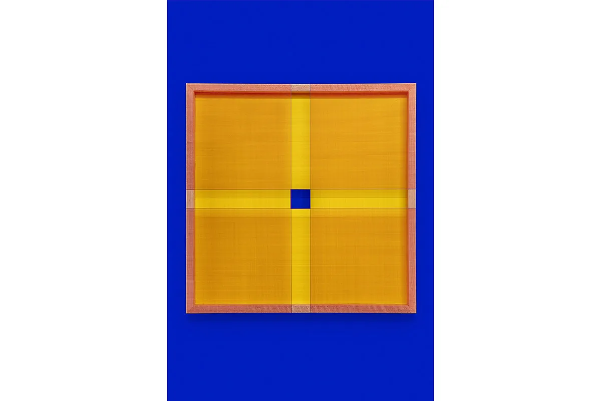 A hanging-wall sculpture by artist Brian Wills using multi-colored, Single strand poly thread layered with acrylic and YKB