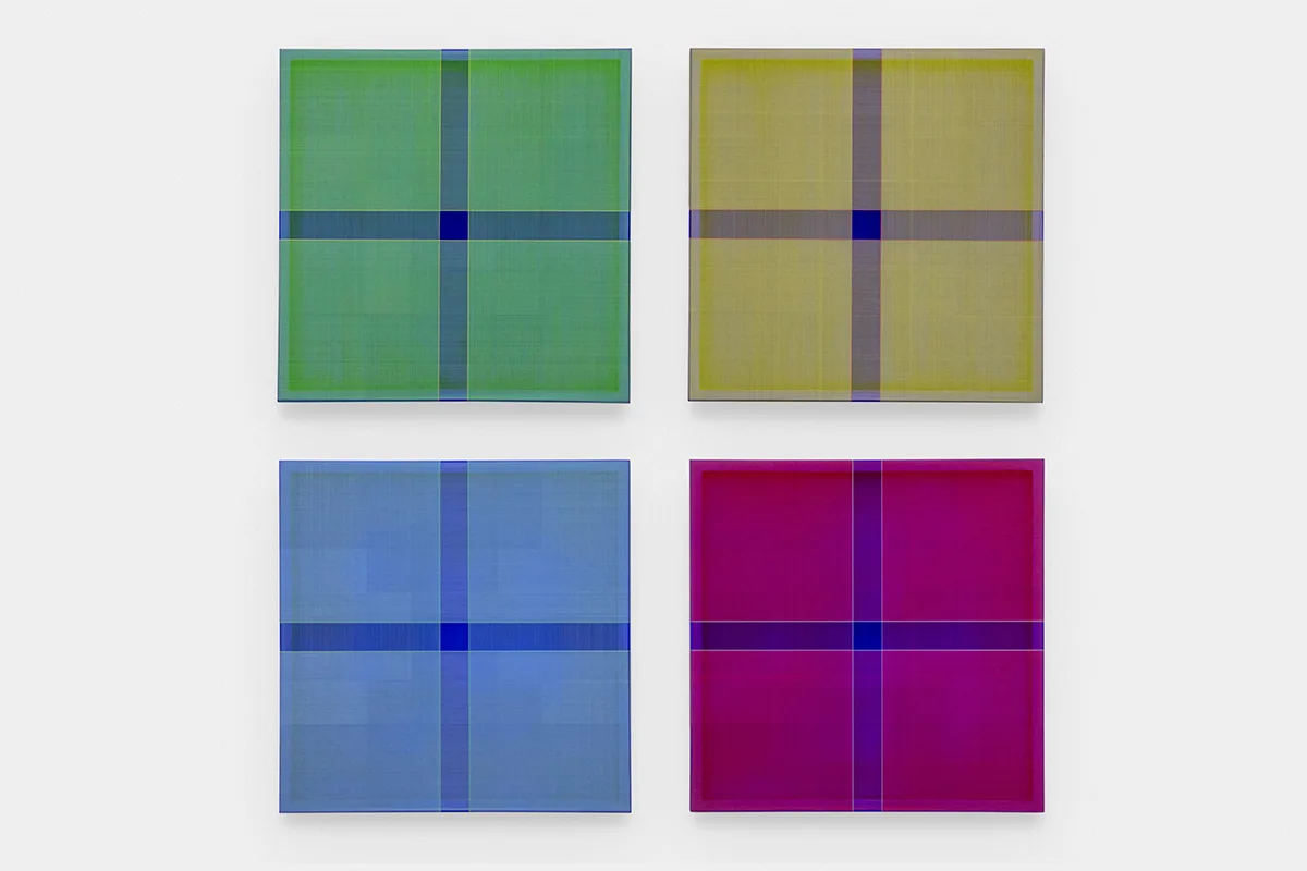 A hanging-wall sculpture by artist Brian Wills using multi-colored, Oil and single strand thread on oak oak with YKB