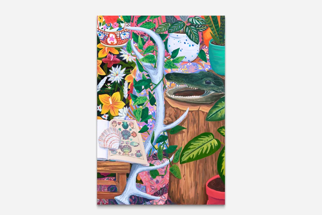 Anna Valdez - Elk Antler with Taxidermy Alligator Head - 2022 - Oil on canvas - 53 x 36 in