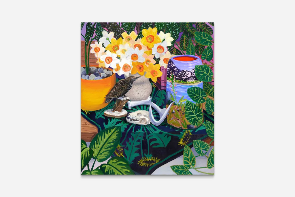 Anna Valdez - Starling with Narcissus and Landscape Vase - 2022 - Oil and acrylic on canvas - 35 x 40 in
