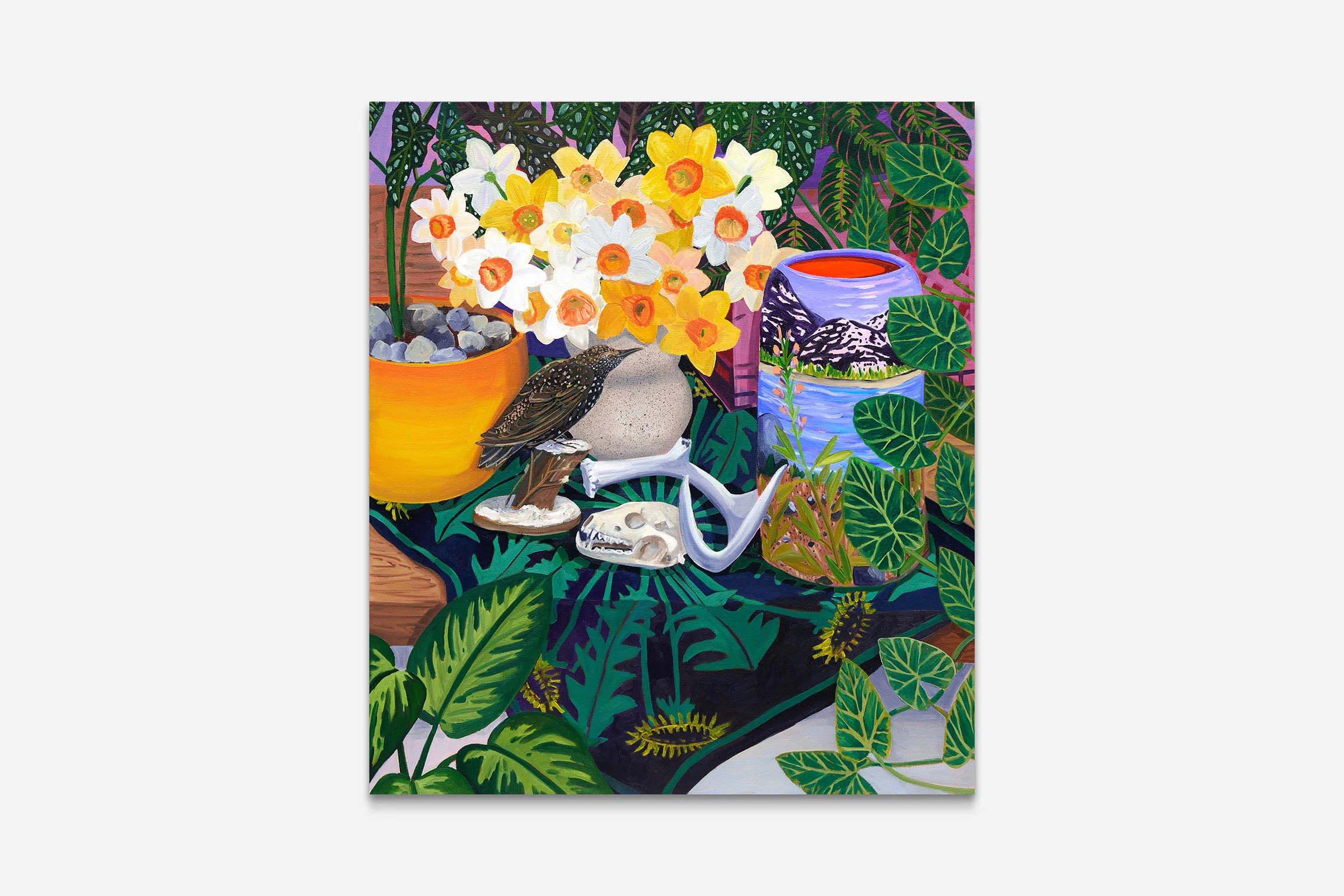 Anna Valdez - Starling with Narcissus and Landscape Vase - 2022 - Oil and acrylic on canvas - 35 x 40 in