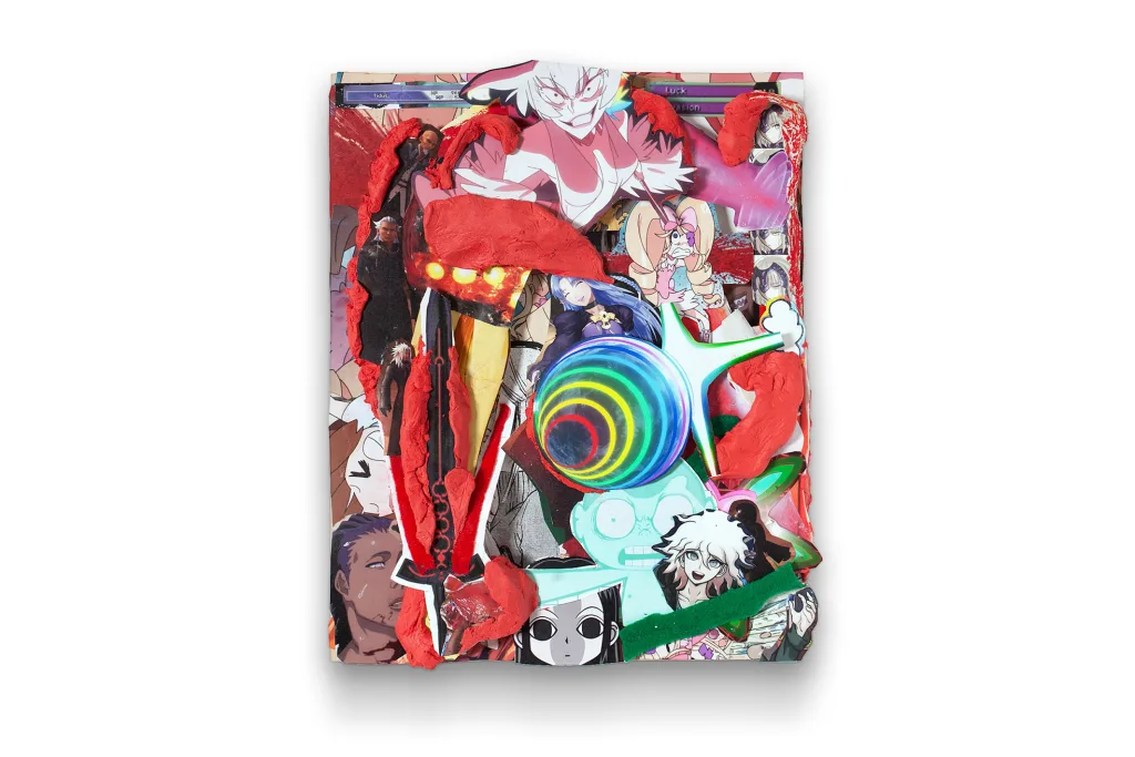 Rakeem Cunningham - Bitch Fit - 2022 - Photographic prints, oil stick, foam board, felt, epoxy dough, and Gorilla glue on panel - 16 x 12 x 2.5 in