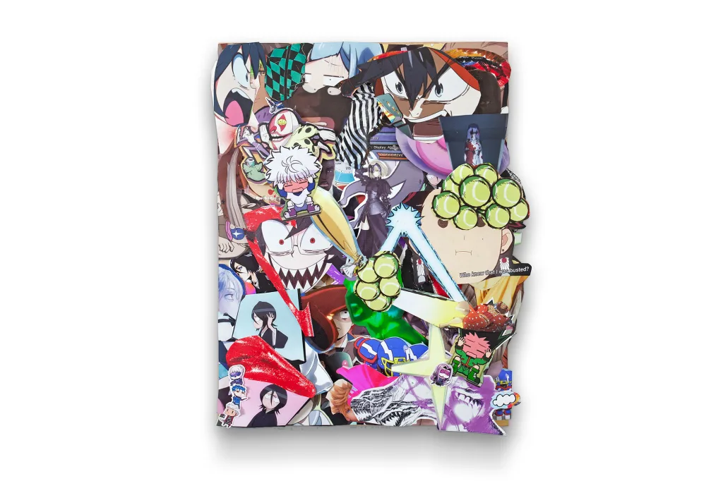 Rakeem Cunningham - Break Damage Limit - 2022 - Photographic prints, oil stick on paper, foam board, and Gorilla glue on panel 24 x 18 x 2.5 in