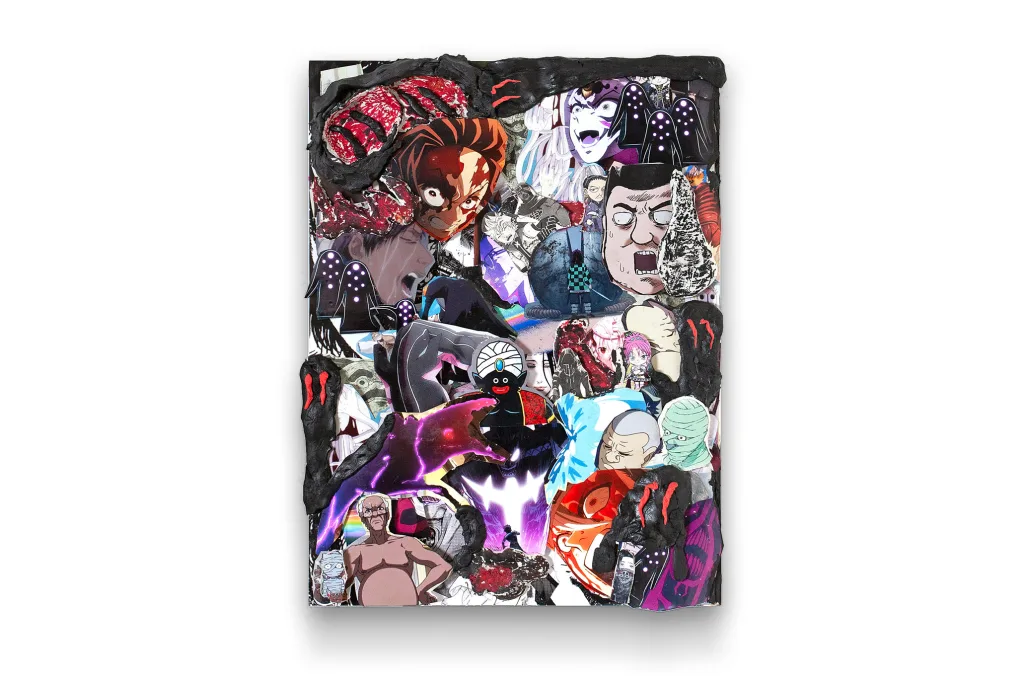 Rakeem Cunningham - Chimera Shadow Garden - 2022 - Photographic prints, oil stick, foam board, epoxy dough, and Gorilla glue on panel 24 x 18 x 2.5 in