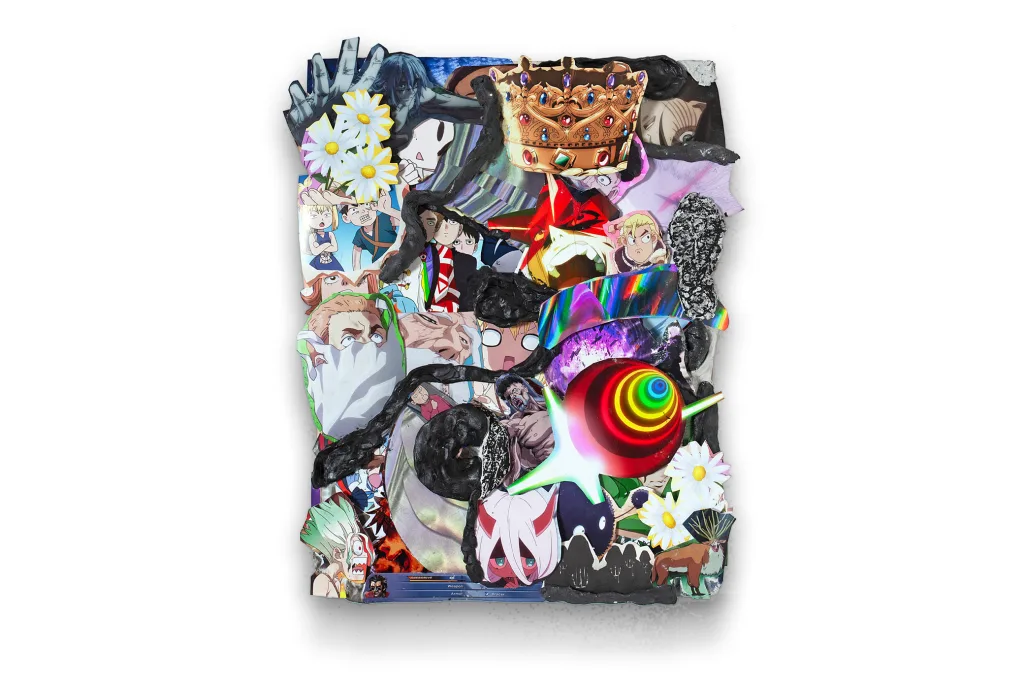 Rakeem Cunningham - Heavy is the Head - 2022 - Photographic prints, oil stick, epoxy dough, and Gorilla glue on panel 24 x 18 x 2.5 in