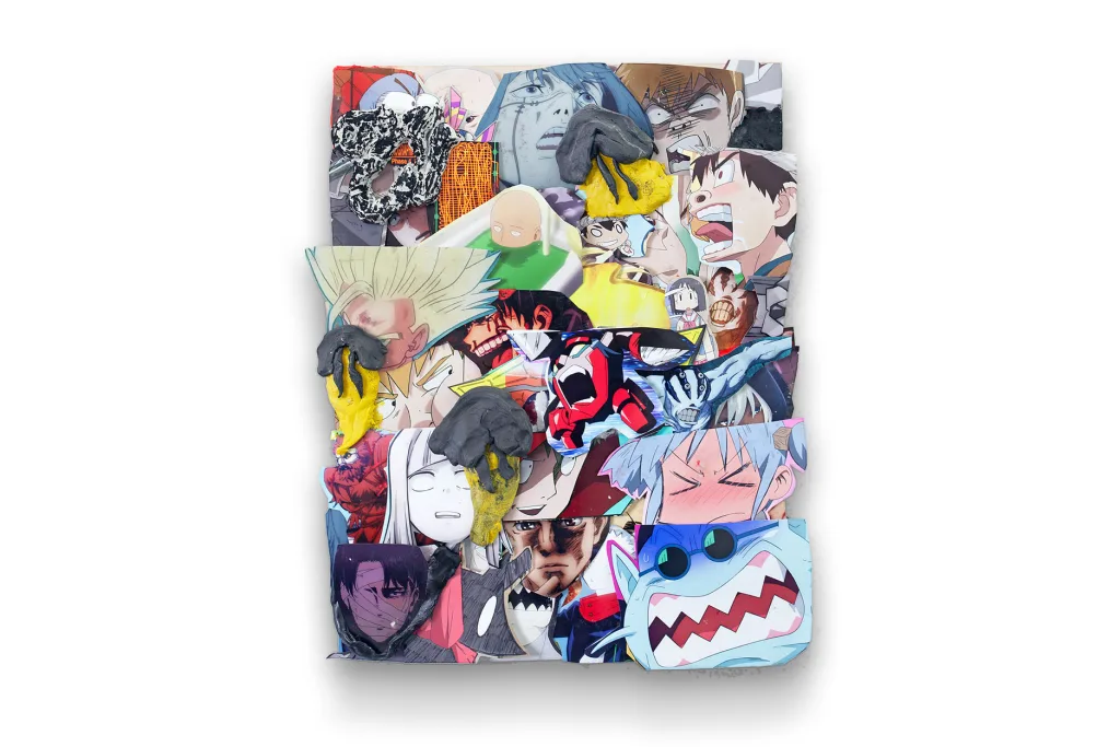 Rakeem Cunningham - Onion Knight - 2022 - Photographic prints, oil stick, epoxy dough, and Gorilla glue on panel 24 x 18 x 2.5 in