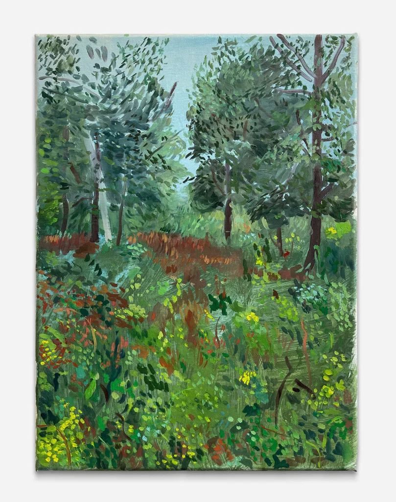 variations of painted green plants, flowers and bushes leading towards the blue sky