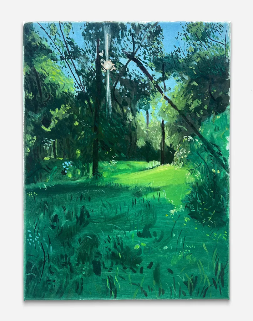 grassland, and tall green trees are painted with light brushstrokes. The light hits the top of the trees leaves and the center of the field.