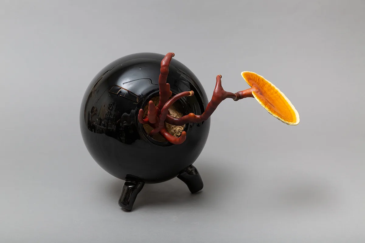 Image of a Sam Shoemaker piece featuring mushrooms sprouting out of a ceramic vessel