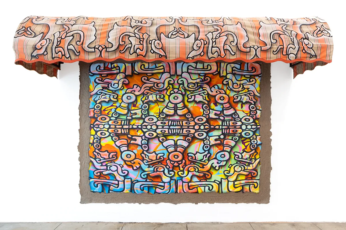 Image of an Ozzie Juarez piece of a brightly painted awning and canvas