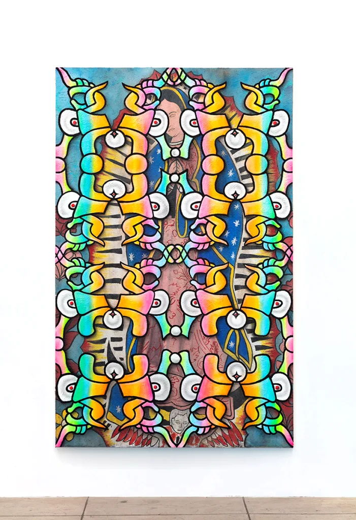 Image of an Ozzie Juarez piece, a brightly painted canvas