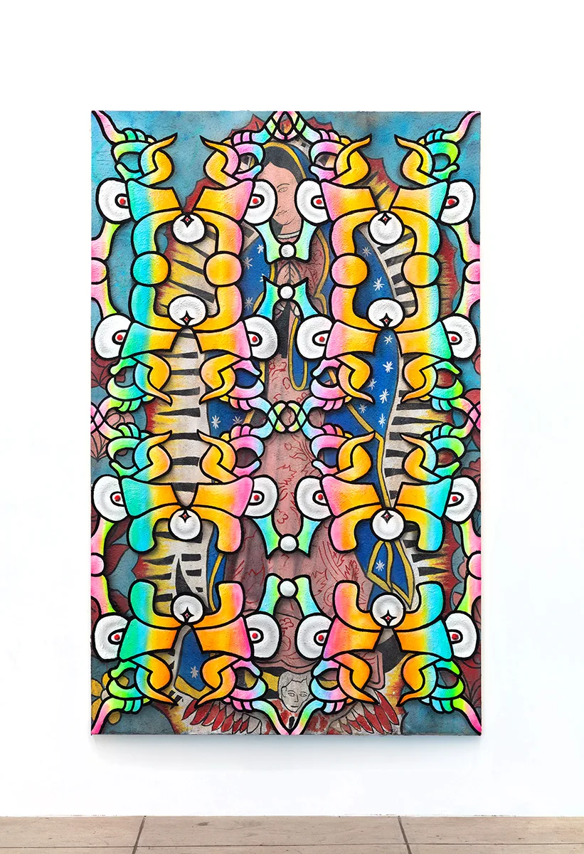 Image of an Ozzie Juarez piece, a brightly painted canvas