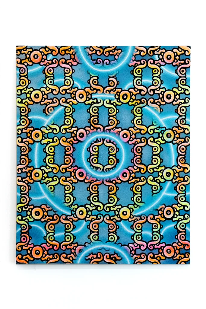 Image of an Ozzie Juarez piece, a brightly painted canvas