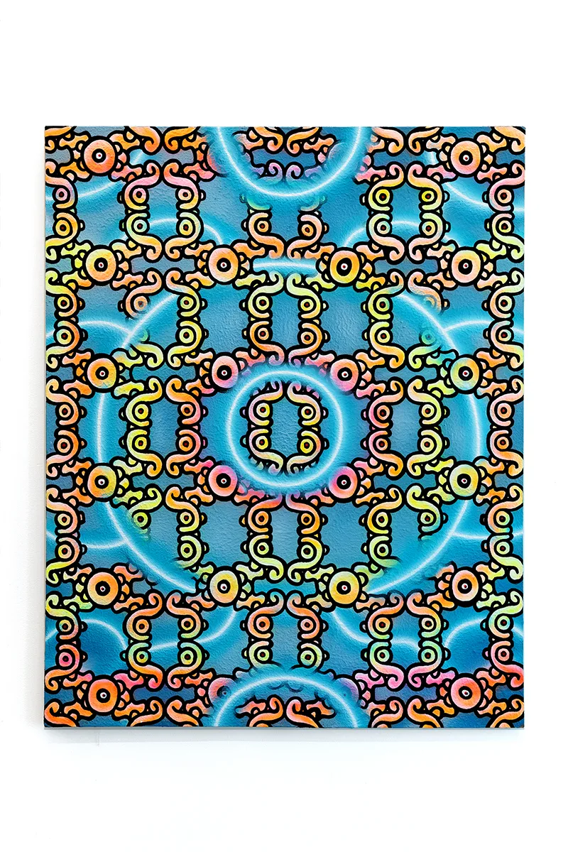 Image of an Ozzie Juarez piece, a brightly painted canvas