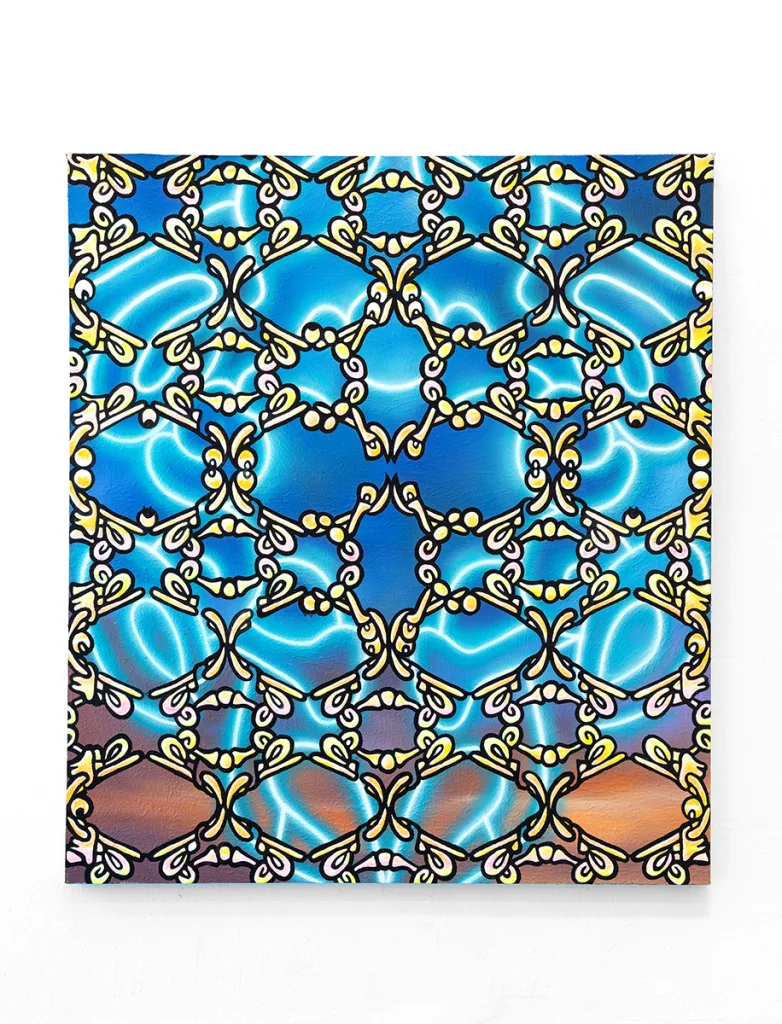 Image of an Ozzie Juarez piece, a brightly painted canvas