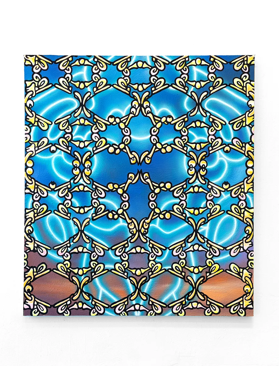 Image of an Ozzie Juarez piece, a brightly painted canvas