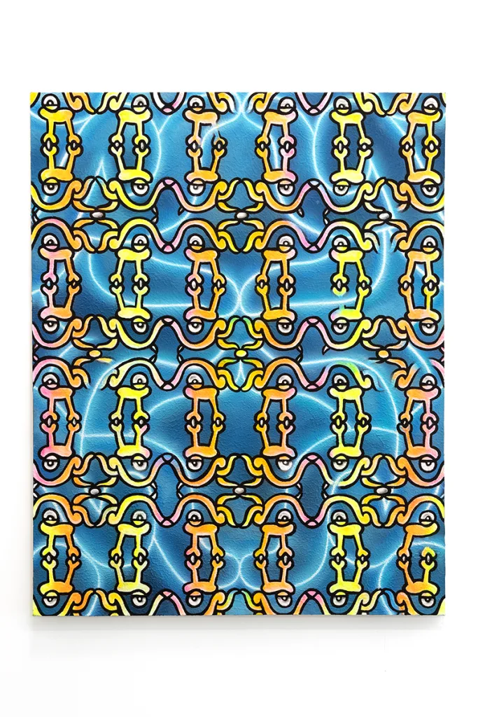 Image of an Ozzie Juarez piece, a brightly painted canvas