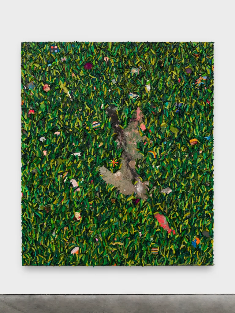 Layers of paint in various shades of green are applied to create a three-dimensional affect.