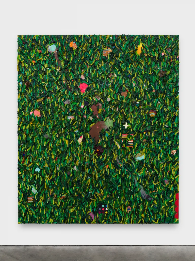 Installation view of Chapel. Layers of thick shades of green paint are applied