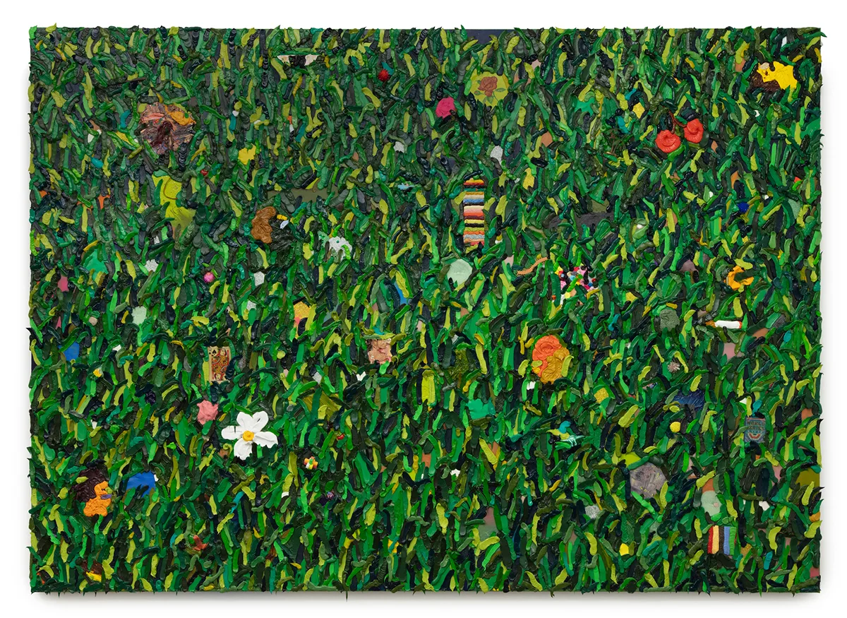 Thick paint is applied, layered in multiple shared of green. There is a white flower with 5 petals and yellow center towards the lower left corner. Two red cherries are connected by a vine towards the upper right corner.