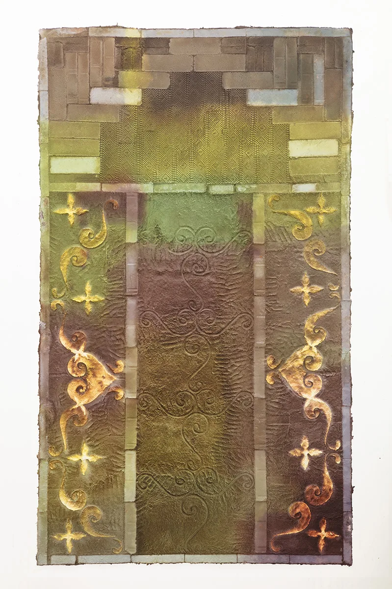 Multi colored handmade paper with brick and metal fencing patterns embossed on the surface.