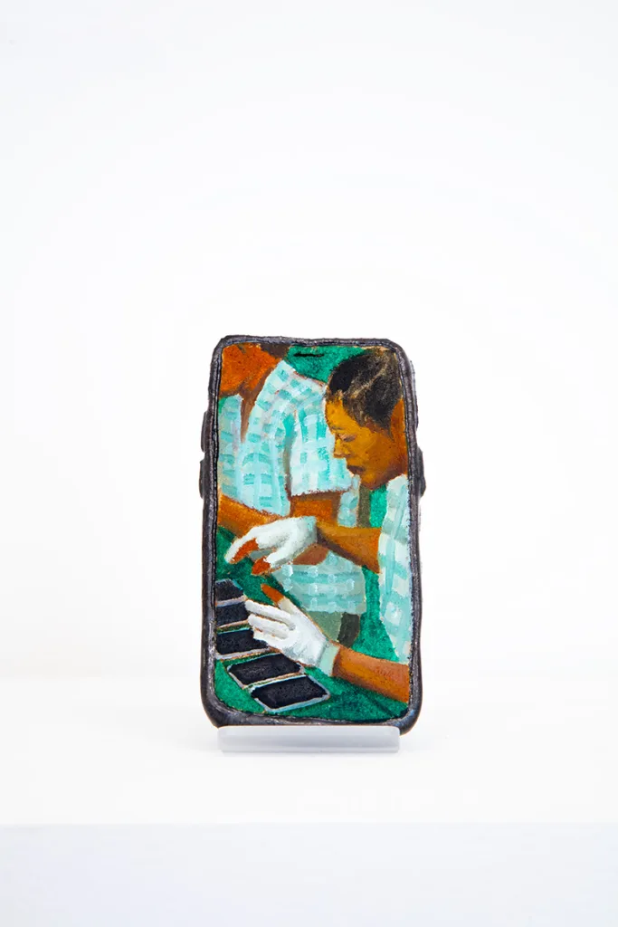 Image of Young Joo Lee’s Unknown Worker #6, a glazed ceramic iPhone with a portrait painted on its surface.