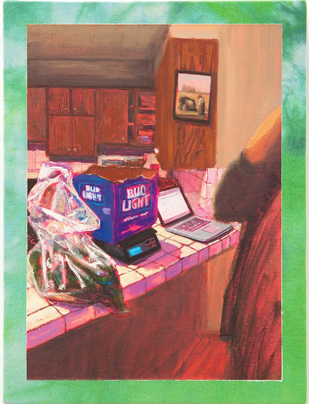 Hely Omar Gonzalez 30 Rack Weigh In, 2022 Signed and Dated on verso Oil on Shibori Dyed Canvas on cradled panel 12 x 9 x 2 in. 30.5 x 22.9 x 5.1 cm