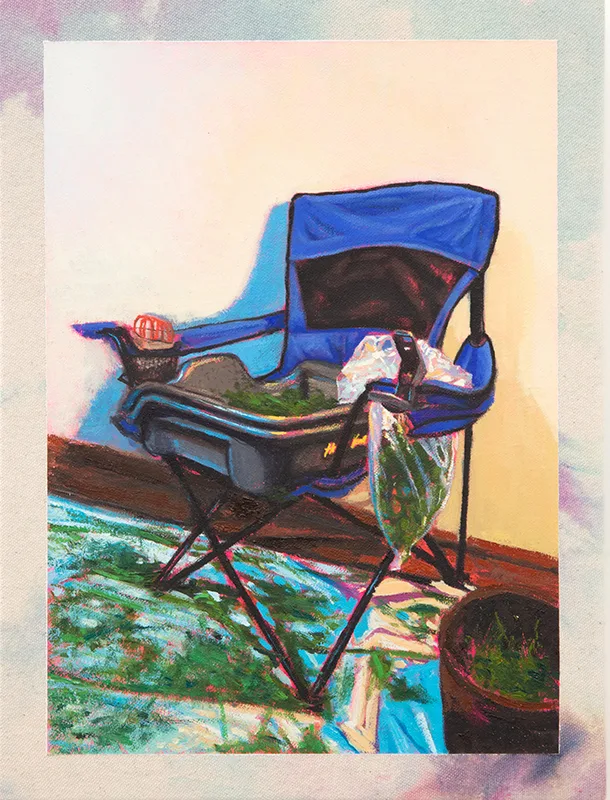 Hely Omar Gonzalez Break Time (Camp Chair), 2022 Signed and dated on verso Oil on Shibori Dyed Canvas on cradled panel 12 x 9 x 2 in. 30.5 x 22.9 x 5.1 cm