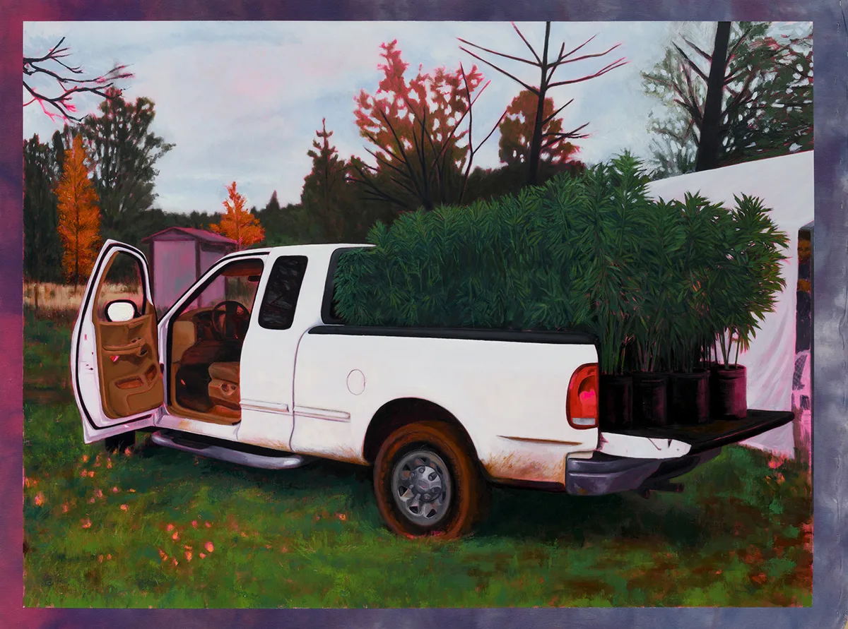 Hely Omar Gonzalez F 1 Fitty Reprise, 2022 Oil on Shibori Dyed Canvas on cradled panel 43 x 57 x 3 in. 109.2 x 144.8 x 7.6 cm