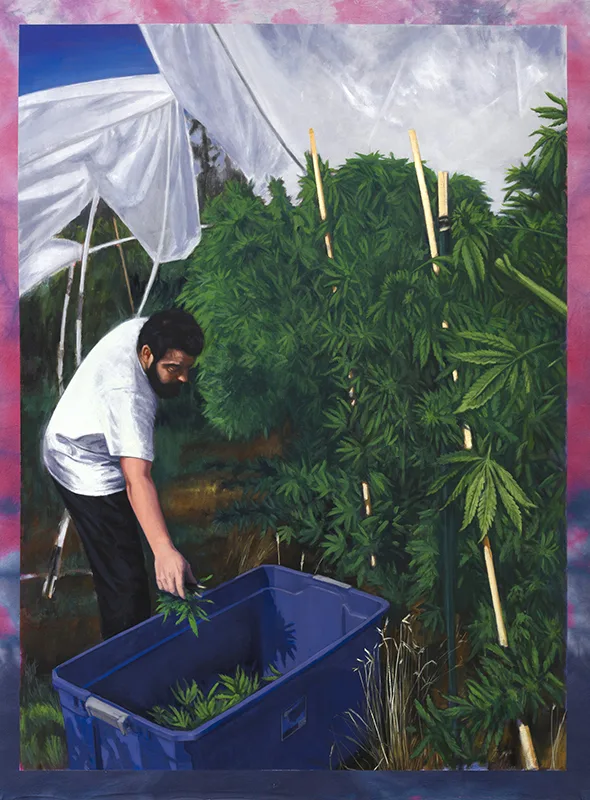 Hely Omar Gonzalez First Harvest, 2022 Oil on Shibori Dyed Canvas on cradled panel 57 x 43 x 3 in. 144.8 x 109.2 x 7.6 cm
