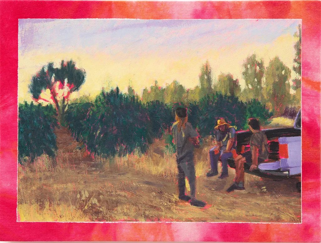 Hely Omar Gonzalez Hard Day is Done, 2022 Signed and dated on verso Oil on Shibori Dyed Canvas on cradled panel 9 x 12 x 2 in. 22.9 x 30.5 x 5.1 cm