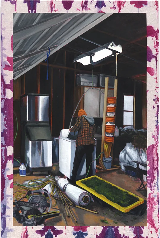 Hely Omar Gonzalez Making Hash in the Garage, 2022 Oil on Shibori Dyed Canvas on cradled panel 36 x 24 x 2 in. 91.4 x 61 x 5.1 cm