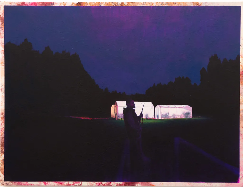 Hely Omar Gonzalez Nights Watch, 2022 Oil on shibori dyed canvas on cradled panel 43 x 57 x 3 in. 109.2 x 144.8 x 7.6 cm