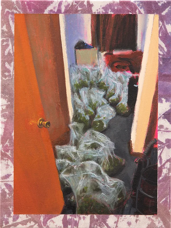 Hely Omar Gonzalez Packs in the Bedroom, 2022 Oil on Shibori Dyed Canvas on cradled panel 12 x 9 x 2 in. 30.5 x 22.9 x 5.1 cm