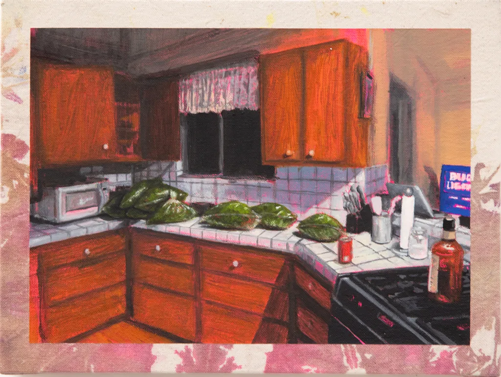 Hely Omar Gonzalez Packs in the kitchen, 2022 Oil on Shibori Dyed Canvas on cradled panel 9 x 12 x 2 in. 22.9 x 30.5 x 5.1 cm